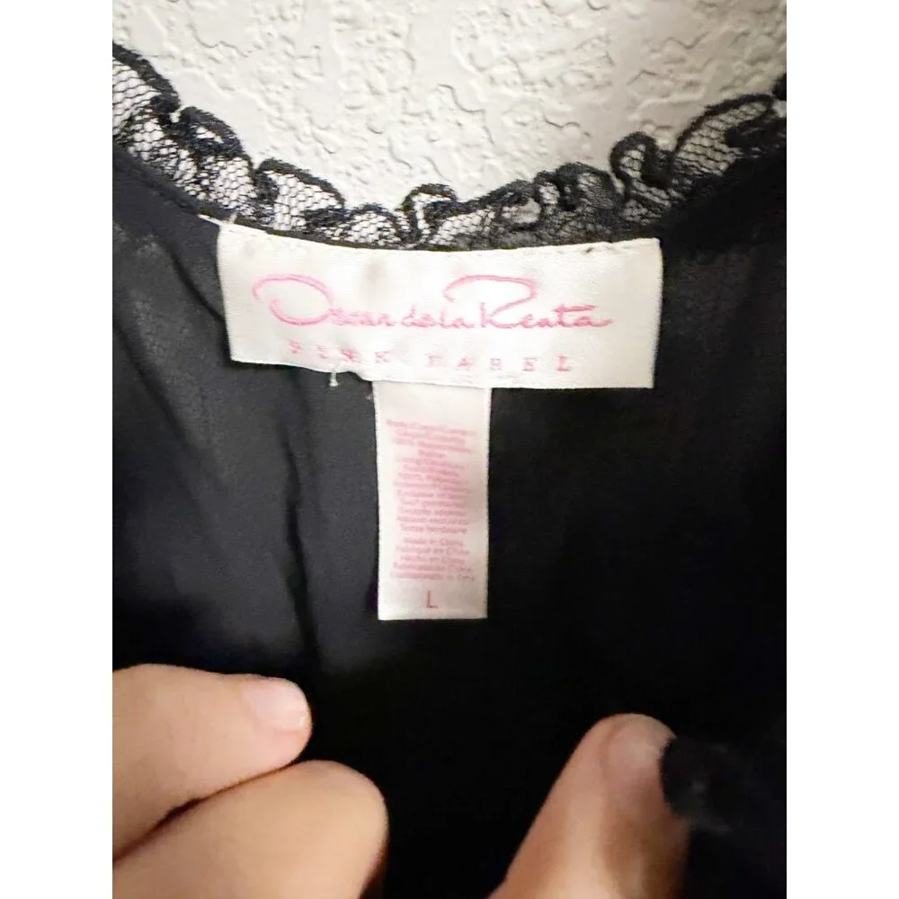 Oscar De La Renta Y2K VIntage Pink Label Black Lace Ruffle Babydoll Slip Dress L